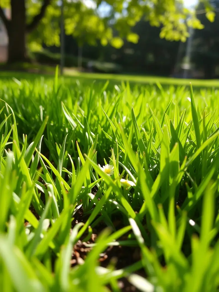 A lush, green lawn after overseeding, showing dense and healthy grass growth.