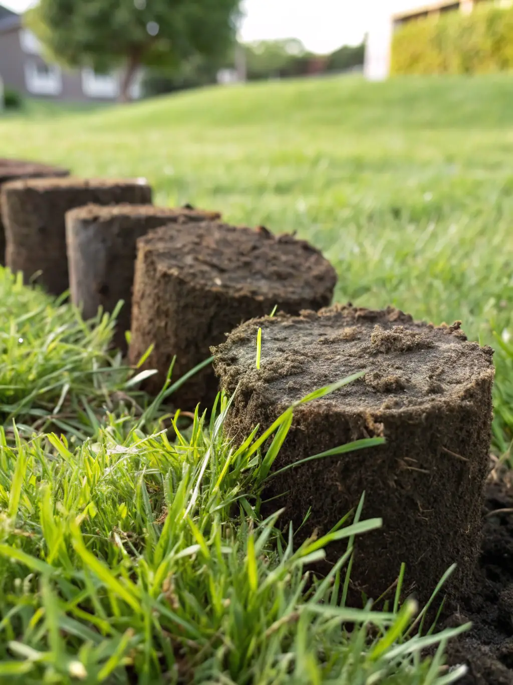 Close-up of aerated lawn with visible holes, demonstrating improved soil aeration.