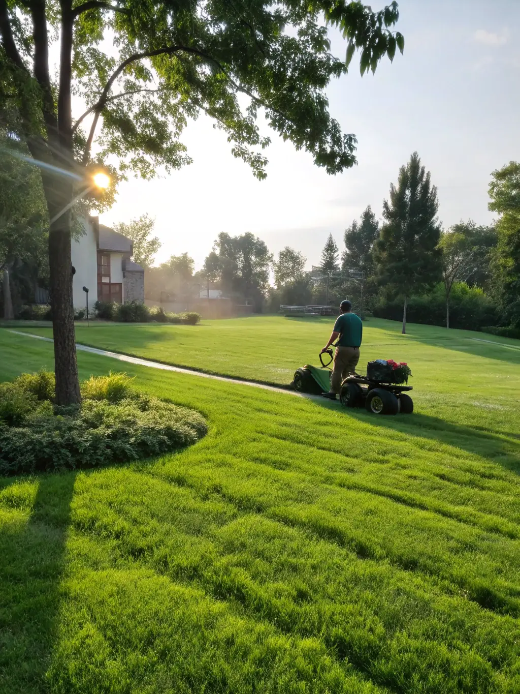 A clean lawn after power sweeping, free of debris and leaves.