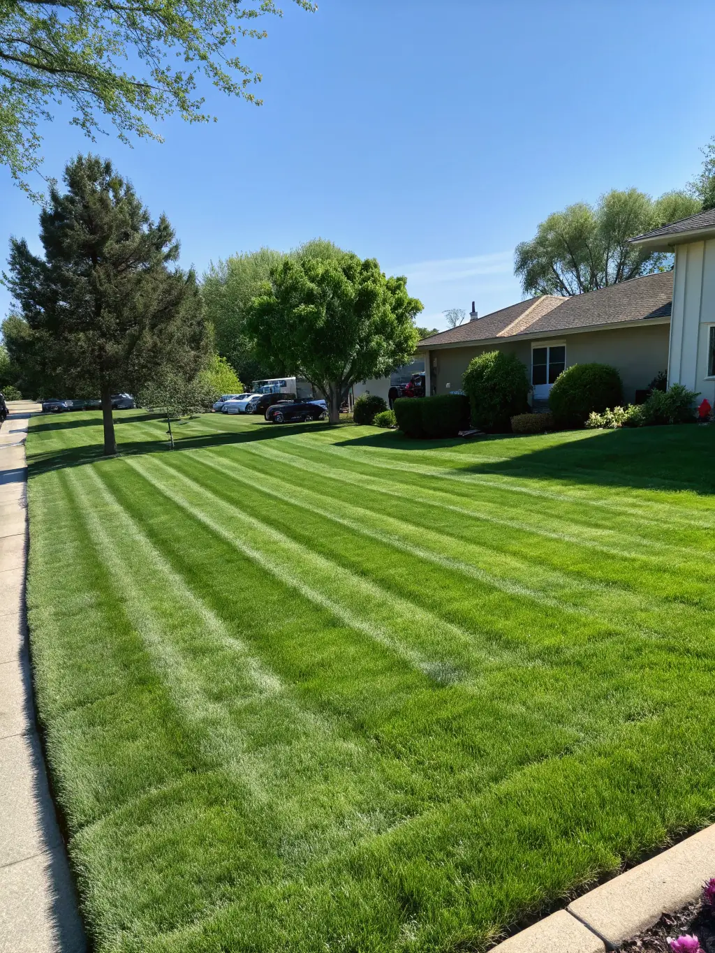 A well-maintained lawn after dethatching, showcasing healthy green grass and removed thatch.