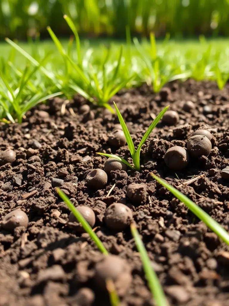 A close-up shot of a lawn after aeration, showing the soil plugs and improved air circulation, emphasizing the benefit of reduced soil compaction.