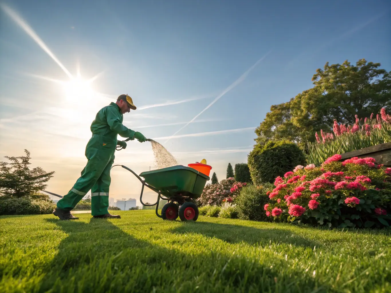 A professional technician aerating a lawn with a machine, with fresh overseeding being applied afterward, showcasing the process of lawn aeration and overseeding.