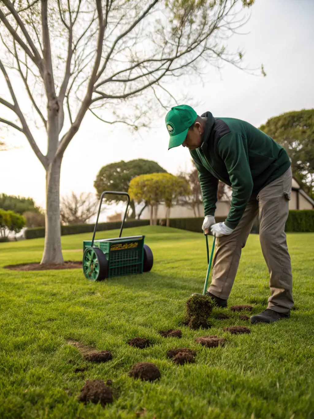 An image depicting the dethatching process, showcasing the removal of thatch buildup from a lawn. The image should highlight the revitalization of the lawn after dethatching.