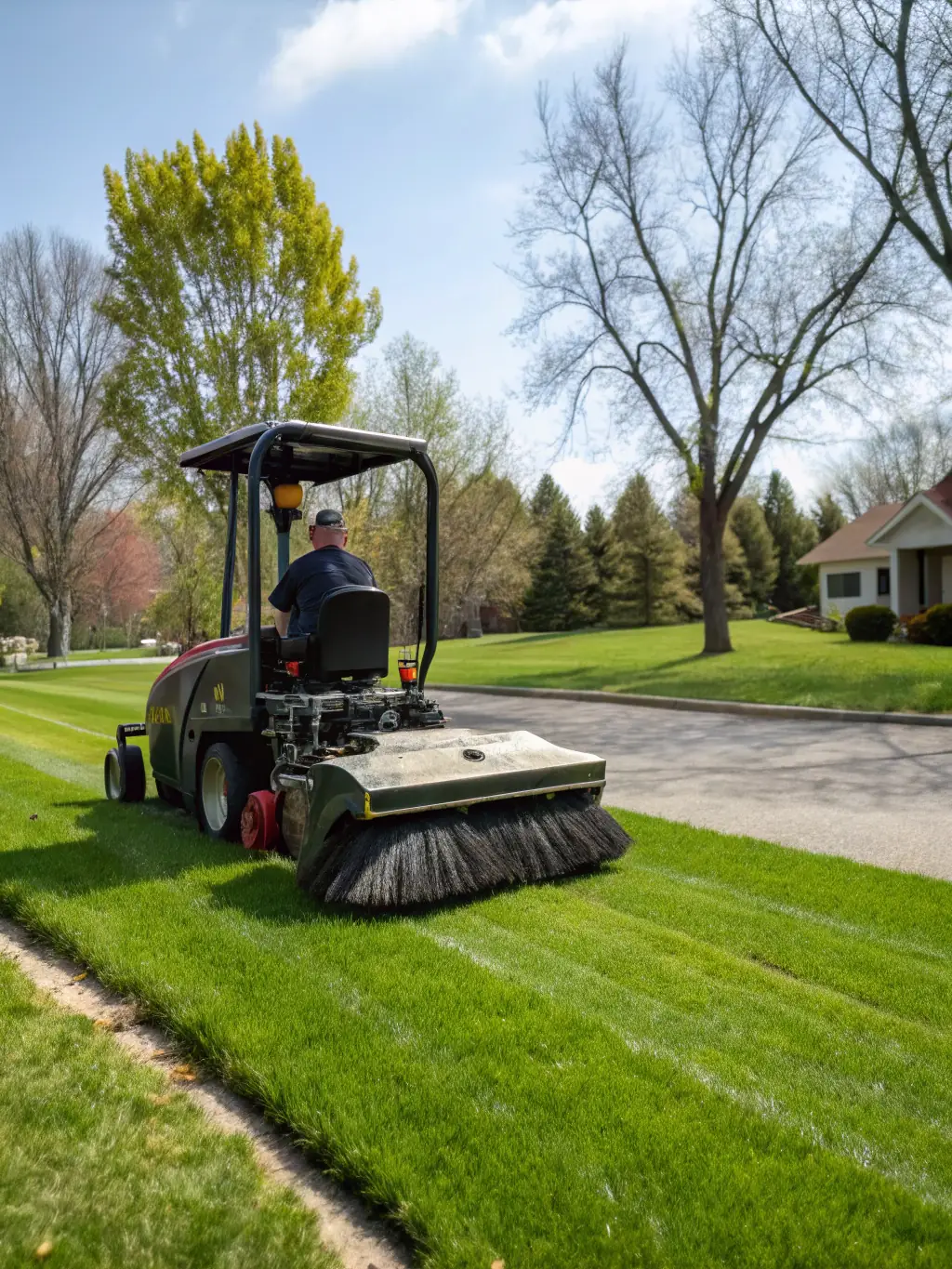 A lawn being power swept, showing the removal of leaves and debris, emphasizing a cleaner and healthier lawn surface.