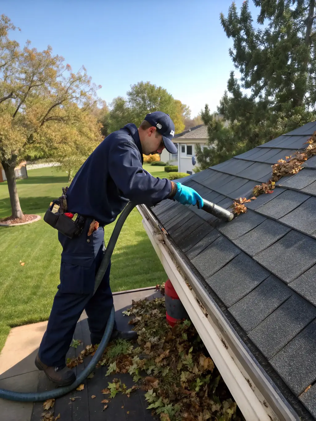 A lawn being power swept, with leaves and debris being efficiently removed. The image should emphasize the cleanliness and health benefits of the service.