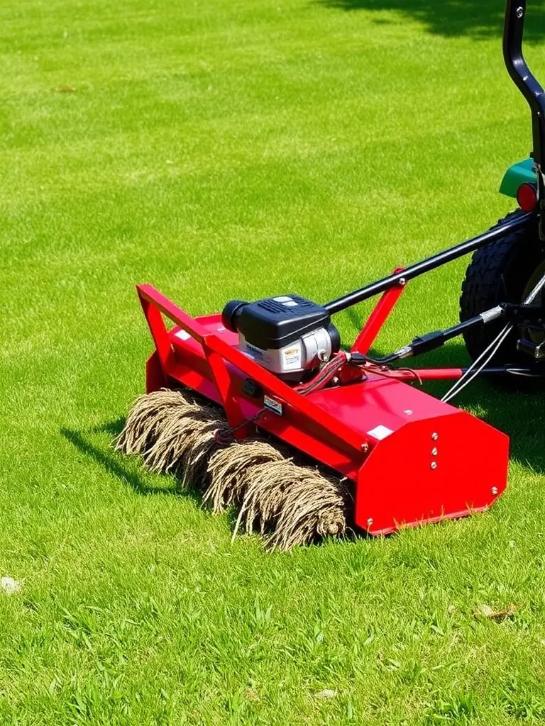 A visual representation of dethatching, showcasing the removal of dead organic matter from the lawn's surface. The image should illustrate the process of removing thatch and its benefits.