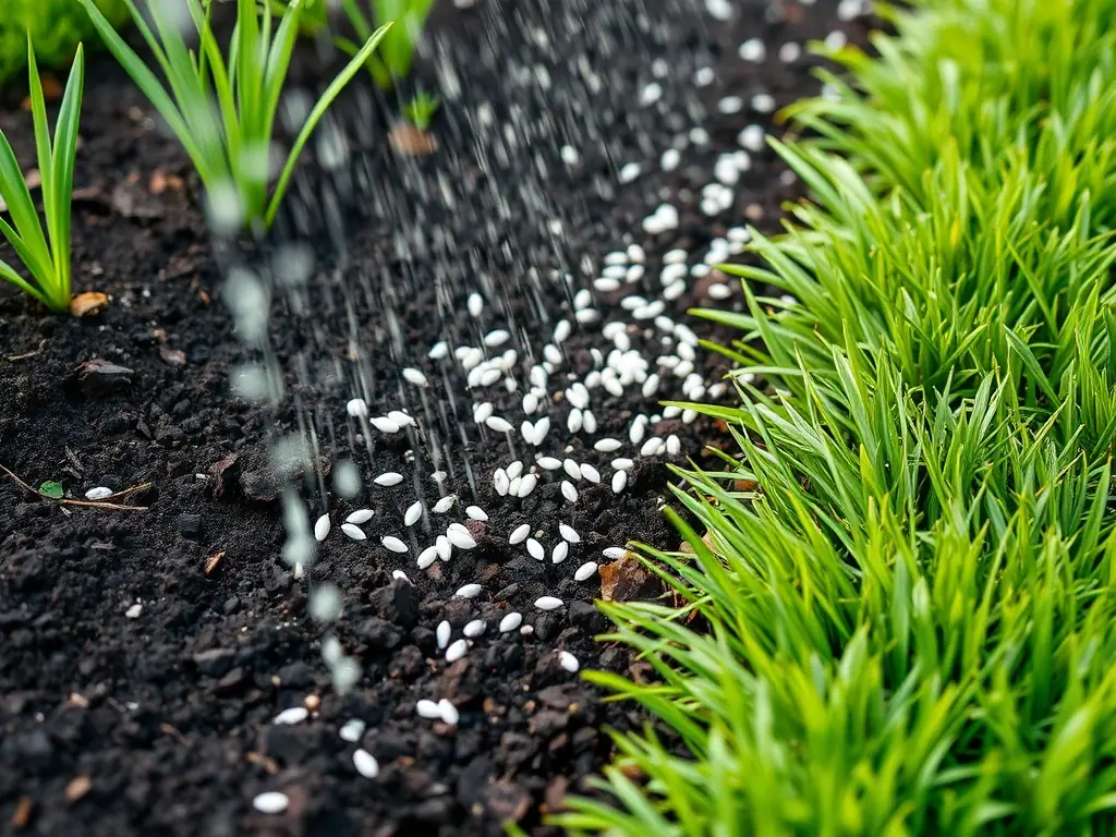Close-up of a technician dethatching a lawn with specialized equipment, with fresh seed being spread afterward, illustrating the process of dethatching and slice seeding.