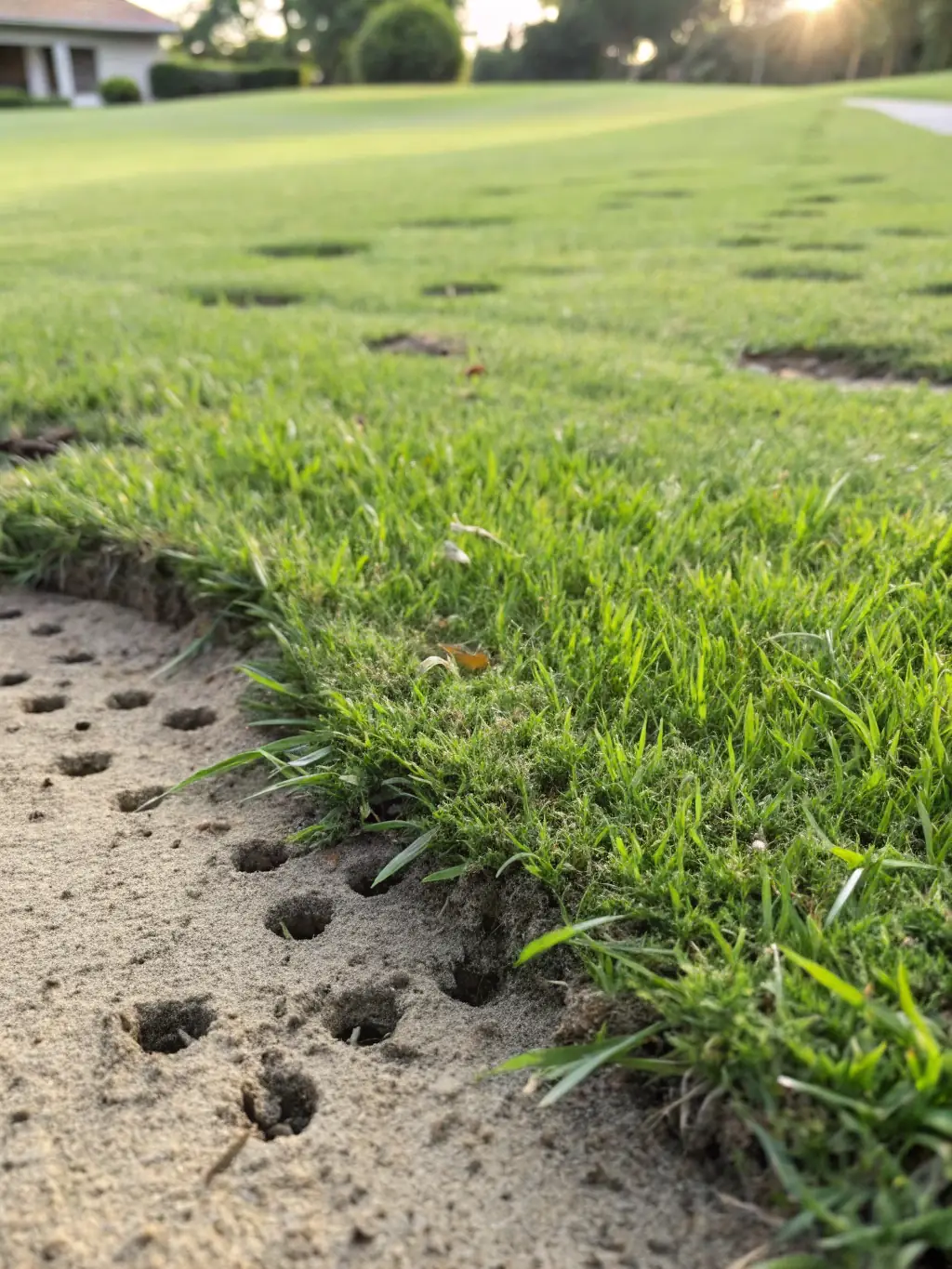 A close-up shot of a lawn after aeration, showing the holes in the soil and healthy grass growth, emphasizing improved soil health and root development.