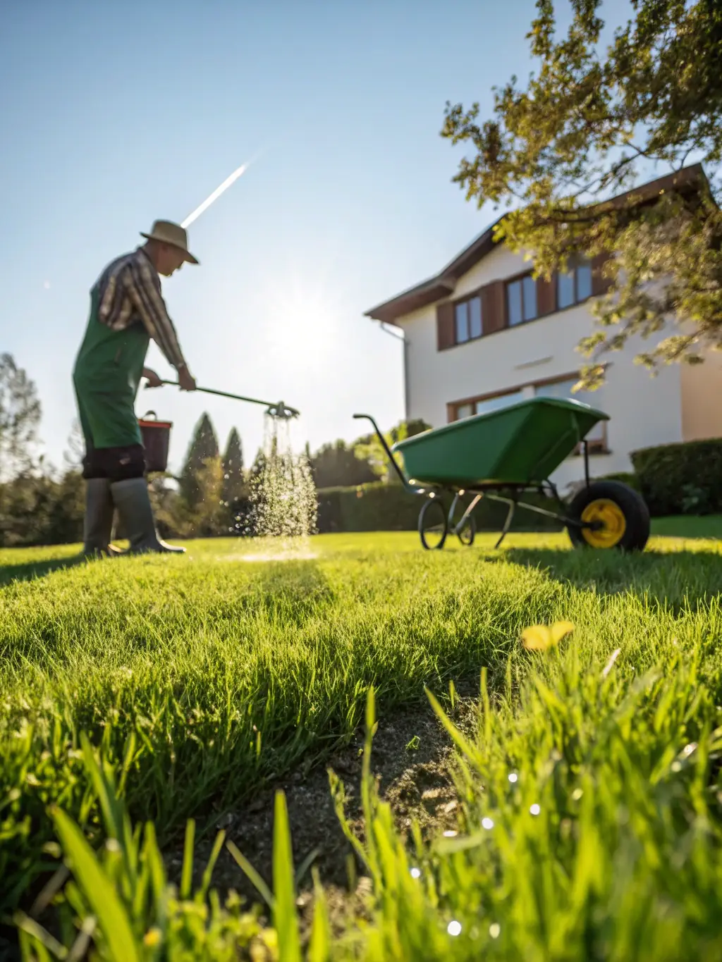 An image of a lawn being treated with organic fertilizer, emphasizing the natural and environmentally friendly approach to lawn care.