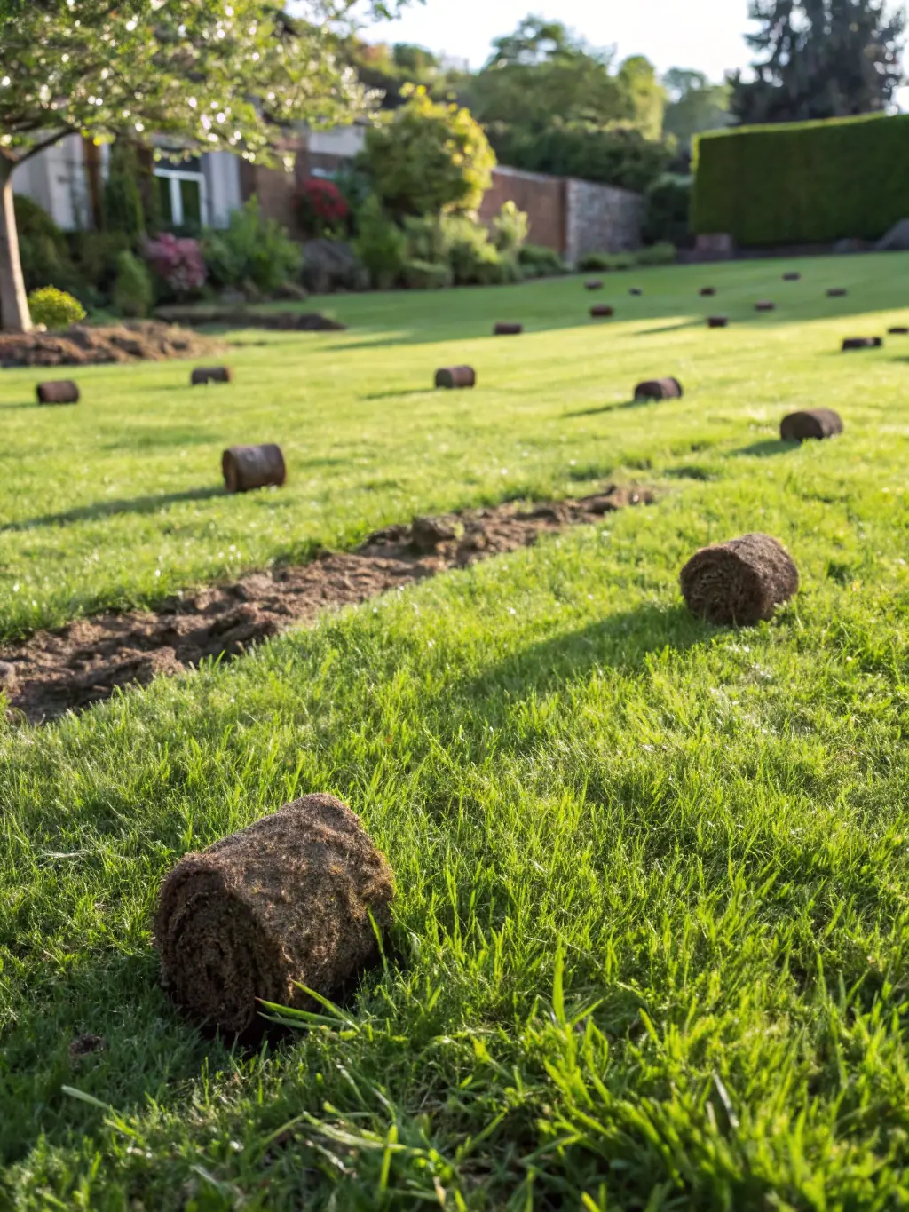 A close-up shot of a lawn being aerated, showing the core removal process and the resulting holes in the turf. The image should convey the idea of improved soil aeration and root growth.