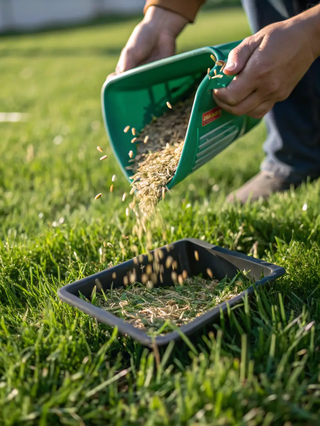 An image of overseeding in action, displaying the distribution of grass seeds across an existing lawn. The image should convey the idea of thickening the lawn and improving its density.