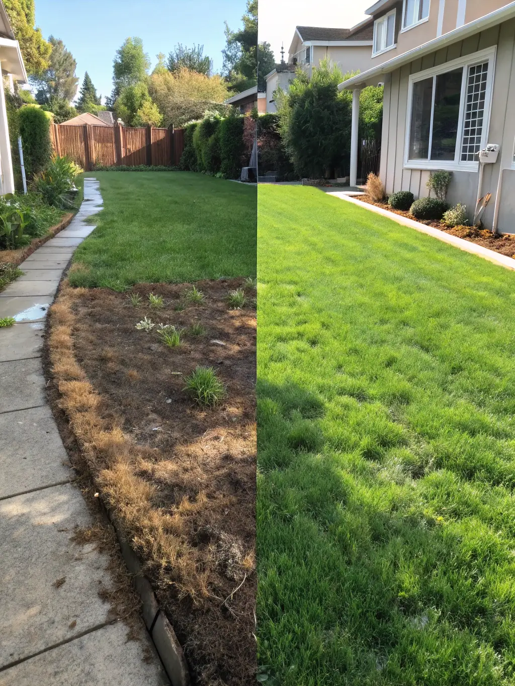 A before-and-after image showcasing a lawn before and after dethatching, highlighting the removal of thatch and improved grass health.